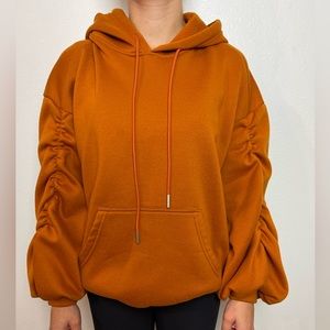 S Burnt Orange Hoodie With Ruching On Sleeves